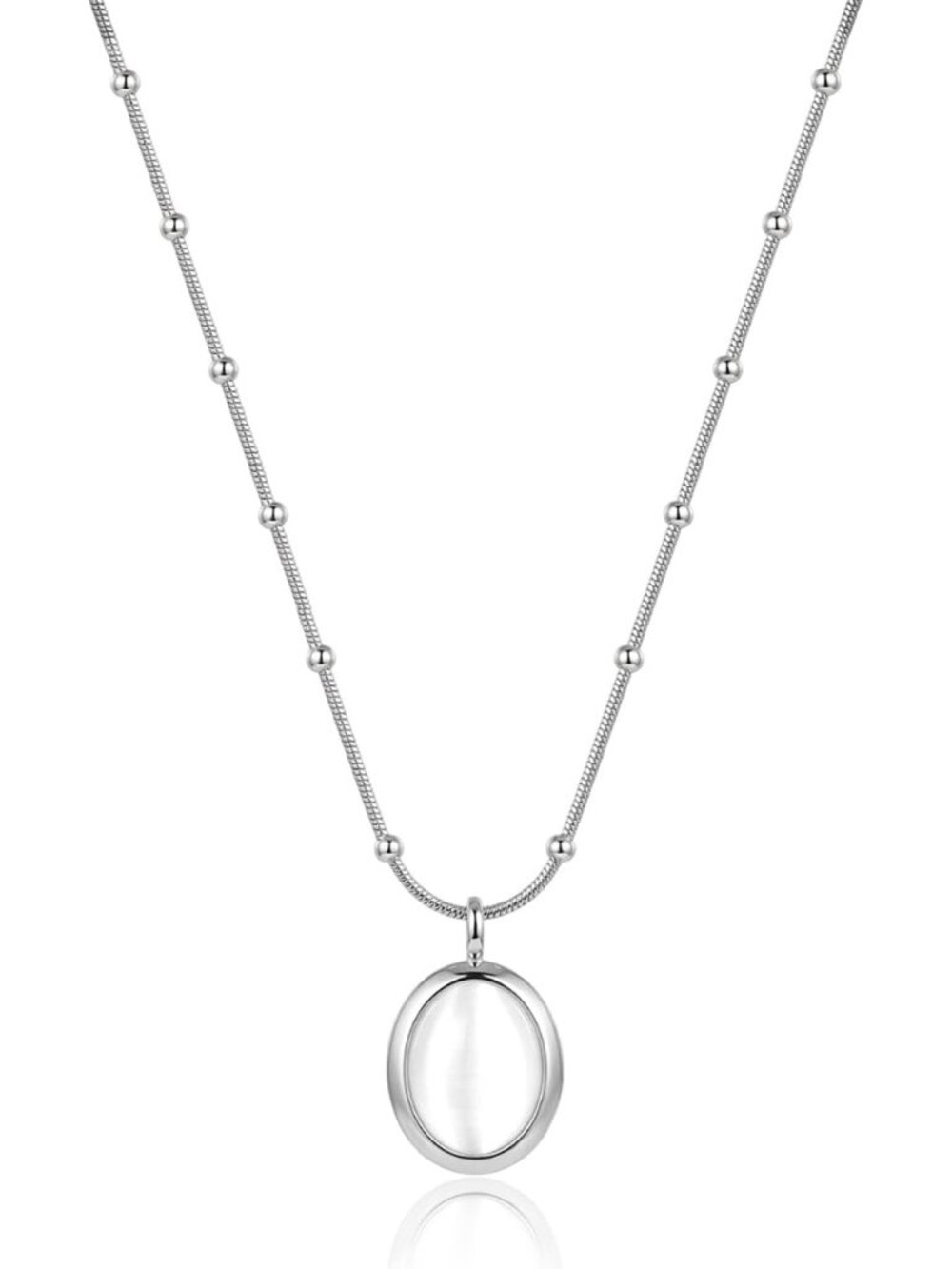 Women's White Silver Cat Eye Oval Pendant Satellite Chain Beaded Choker Necklace